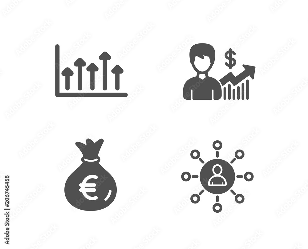 Set of Money bag, Growth chart and Business growth icons. Networking sign. Euro currency, Upper arrows, Earnings results. Business communication. Quality design elements. Classic style. Vector Set of Money bag, Growth chart and Business growth icons. Networking sign. Euro currency, Upper arrows, Earnings results. Business communication. Quality design elements. Classic style. Vector