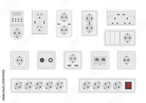Vector illustration. Set of sockets and switches.