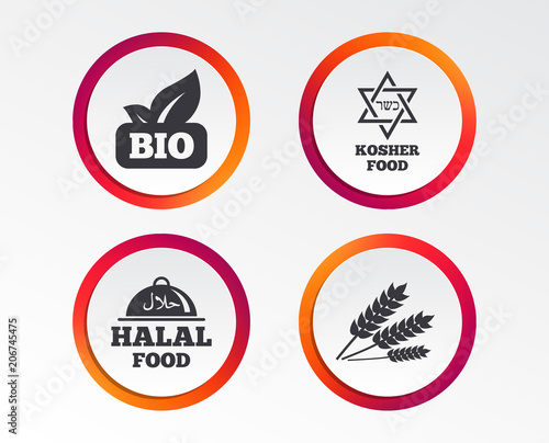 Natural Bio food icons. Halal and Kosher signs. Gluten free and star of David symbols. Infographic design buttons. Circle templates. Vector