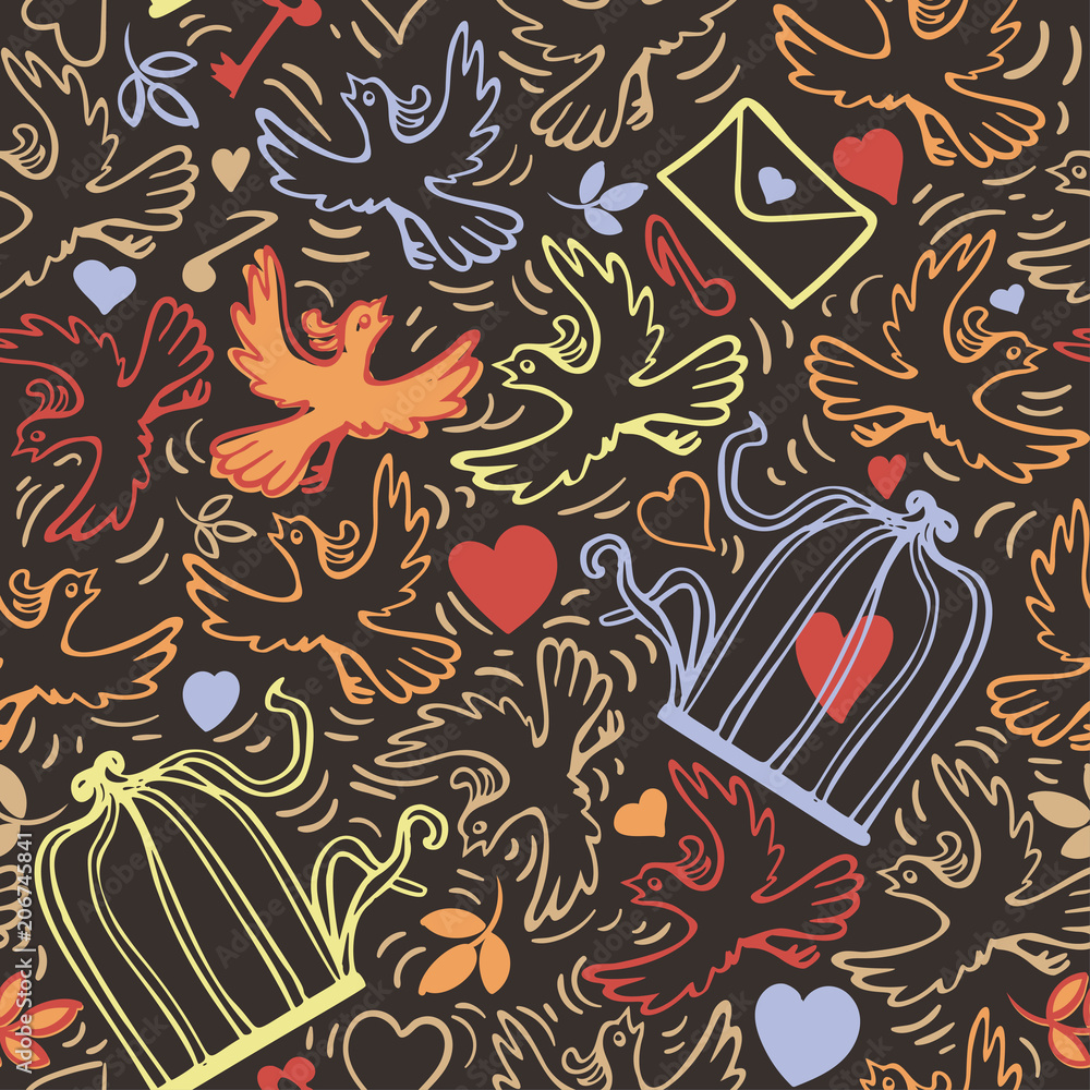 Naklejka premium Birds with heart and flowers. Hand-drawn seamless pattern
