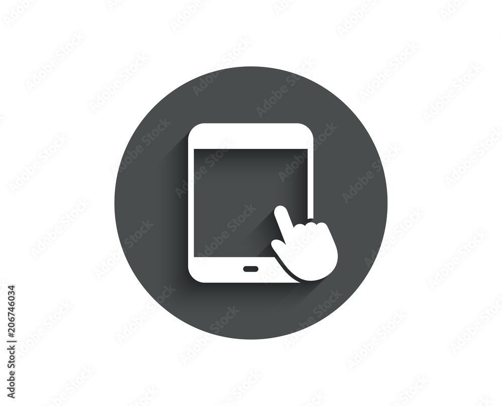 Tablet PC icon. Mobile Device with Hand cursor sign. Touchscreen gadget symbols. Circle flat button with shadow. Vector Tablet PC icon. Mobile Device with Hand cursor sign. Touchscreen gadget symbols. Circle flat button with shadow. Vector