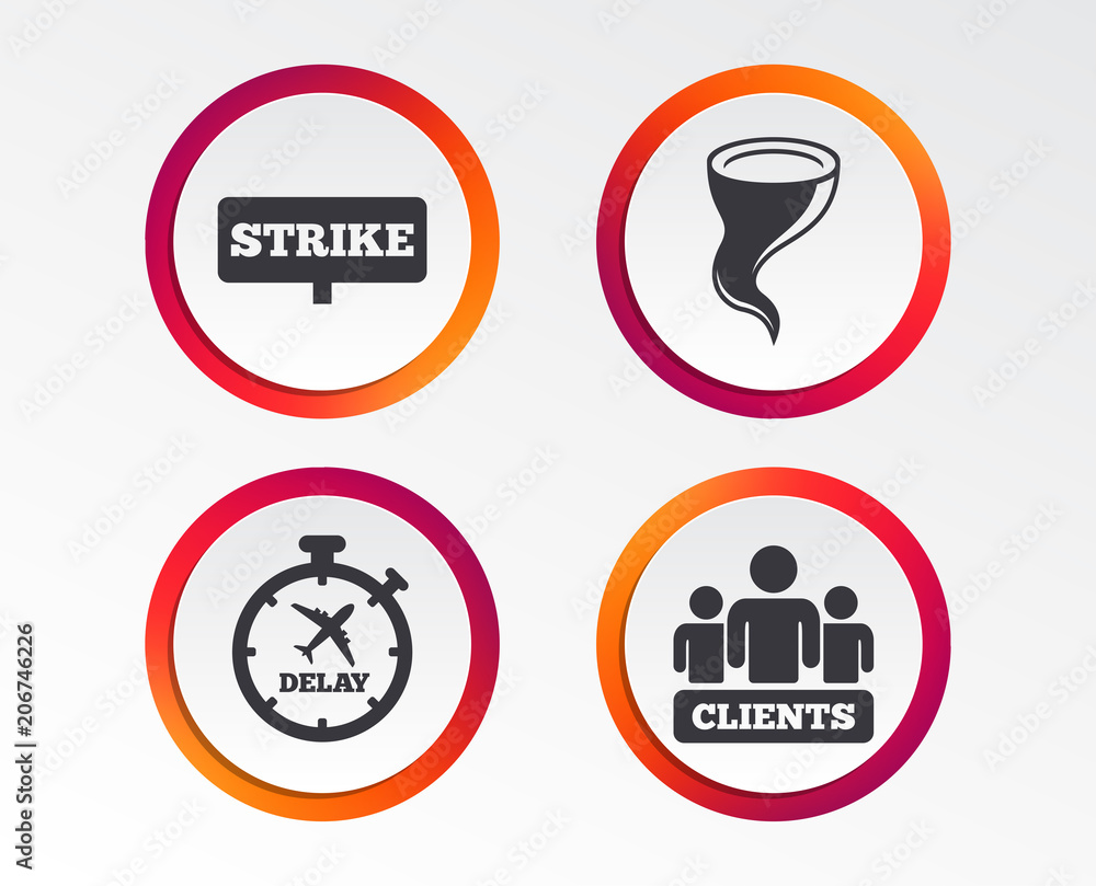 Strike icon. Storm bad weather and group of people signs. Delayed flight symbol. Infographic design buttons. Circle templates. Vector Strike icon. Storm bad weather and group of people signs. Delayed flight symbol. Infographic design buttons. Circle templates. Vector