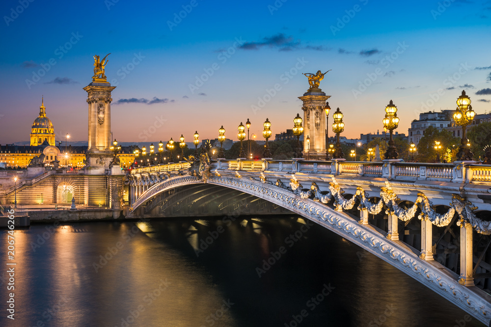 Fototapeta premium Alexandre III bridge at night in Paris, France