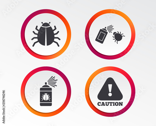 Bug disinfection icons. Caution attention symbol. Insect fumigation spray sign. Infographic design buttons. Circle templates. Vector