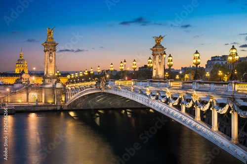 Alexandre III bridge at night in Paris, France photo