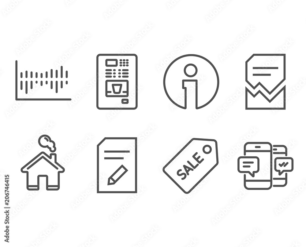 Set of Sale ticket, Edit document and Coffee vending icons. Corrupted file, Column diagram and Smartphone sms signs. Discount coupon, Page with pencil, Coffee vending machine. Vector Set of Sale ticket, Edit document and Coffee vending icons. Corrupted file, Column diagram and Smartphone sms signs. Discount coupon, Page with pencil, Coffee vending machine. Vector