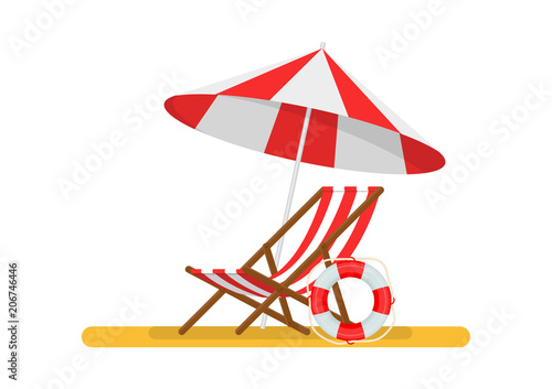 Vector chaise longue with umbrella and life buoy.