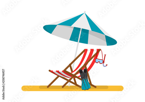Vector illustration. Sun lounger with a beach umbrella. Fins with a mask and a tube.