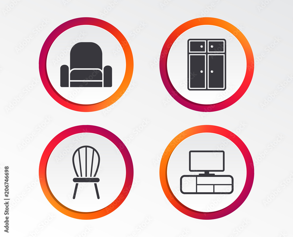 Furniture icons. Cupboard, chair and TV table signs. Modern armchair symbol. Infographic design buttons. Circle templates. Vector Furniture icons. Cupboard, chair and TV table signs. Modern armchair symbol. Infographic design buttons. Circle templates. Vector