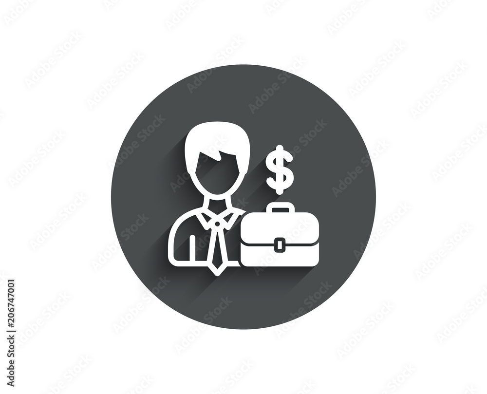 Businessman with Case simple icon. Diplomat with Dollar sign. Circle flat button with shadow. Vector