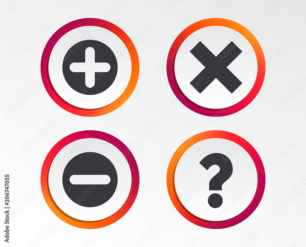 Plus and minus icons. Delete and question FAQ mark signs. Enlarge zoom symbol. Infographic design buttons. Circle templates. Vector Plus and minus icons. Delete and question FAQ mark signs. Enlarge zoom symbol. Infographic design buttons. Circle templates. Vector