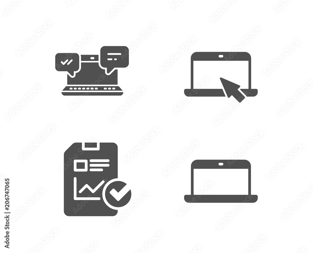 Set of Internet chat, Report checklist and Portable computer icons. Laptop sign. Online communication, Sales growth file, Notebook device. Mobile computer. Quality design elements. Classic style Set of Internet chat, Report checklist and Portable computer icons. Laptop sign. Online communication, Sales growth file, Notebook device. Mobile computer. Quality design elements. Classic style