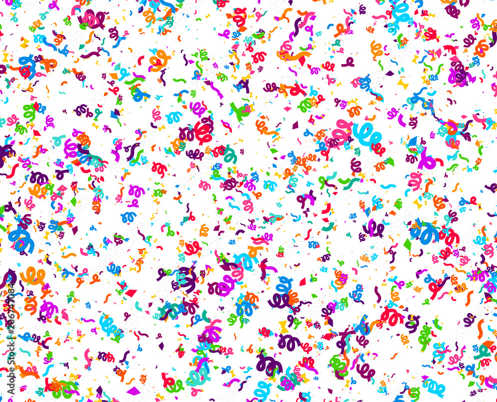 Carnaval or Festival Confetti. Colorful confetti pieces. Celebration party or Holiday background. Flying colorful glitter particles. Decoration pattern. Vector