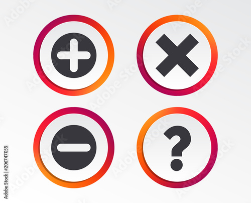 Plus and minus icons. Delete and question FAQ mark signs. Enlarge zoom symbol. Infographic design buttons. Circle templates. Vector
