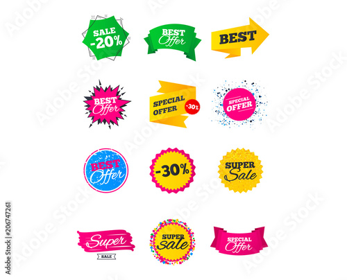 Sale banners. Best offers, discounts tags. Market sale flyers or Clearance special offers. Shopping sale stars templates. Vector illustration