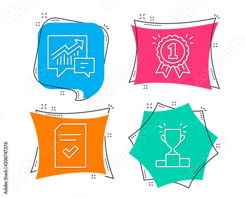 Set of Accounting, Checked file and Reward icons. Winner podium sign. Supply and demand, Correct document, First place. Competition results.  Flat geometric colored tags. Vivid banners. Vector
