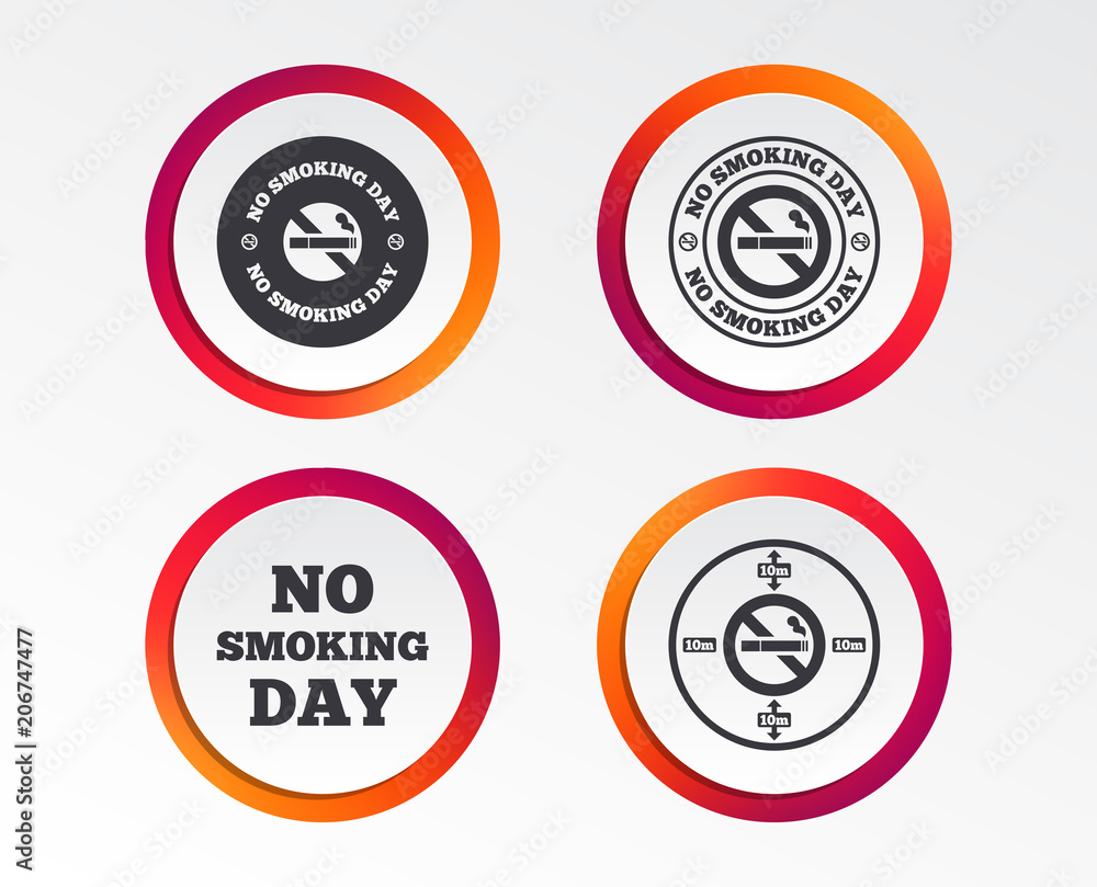 No smoking day icons. Against cigarettes signs. Quit or stop smoking symbols. Infographic design buttons. Circle templates. Vector