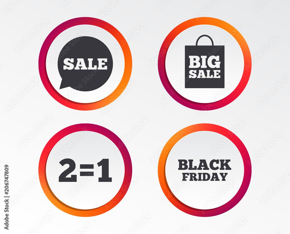 Sale speech bubble icons. Two equals one. Black friday sign. Big sale shopping bag symbol. Infographic design buttons. Circle templates. Vector Sale speech bubble icons. Two equals one. Black friday sign. Big sale shopping bag symbol. Infographic design buttons. Circle templates. Vector