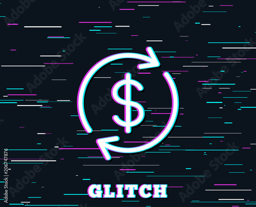 Glitch effect. Currency exchange line icon. Money Transfer sign. Dollar in rotation arrow symbol. Background with colored lines. Vector