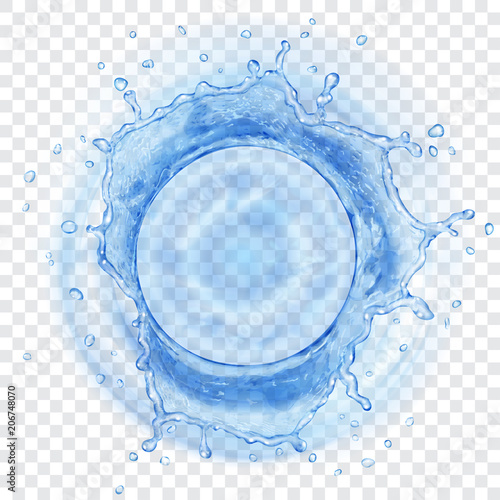 Top view of translucent water crown with drops in blue colors, isolated on transparent background. Transparency only in vector format