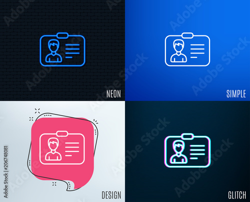 Glitch, Neon effect. ID card line icon. User Profile sign. Male Person silhouette symbol. Identification plastic card. Trendy flat geometric designs. Vector