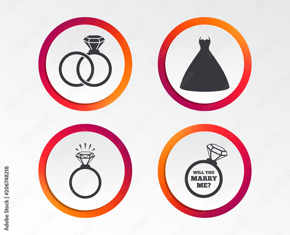 Wedding dress icon. Bride and groom rings symbol. Wedding or engagement day ring shine with diamond sign. Will you marry me? Infographic design buttons. Circle templates. Vector Wedding dress icon. Bride and groom rings symbol. Wedding or engagement day ring shine with diamond sign. Will you marry me? Infographic design buttons. Circle templates. Vector