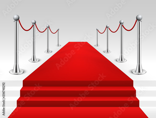 Red carpet event silver barriers background and stairs realistic vector illustration. Red carpet luxury entrance celebrity event presentation