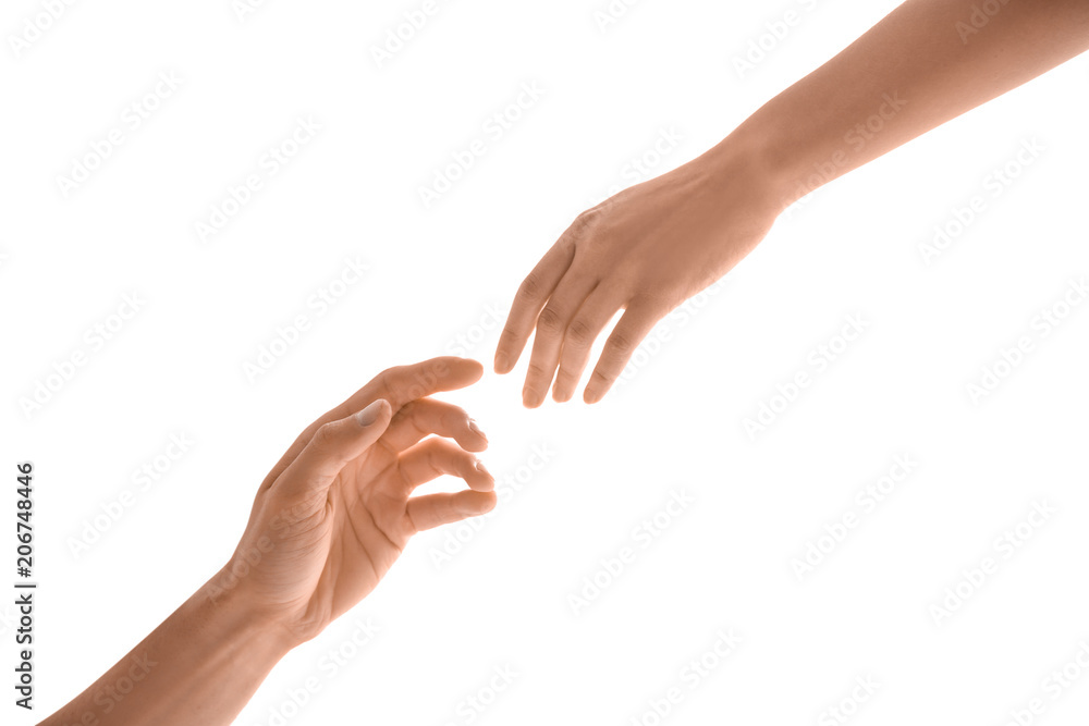 Man and woman reaching out to one another on light background. Unity concept