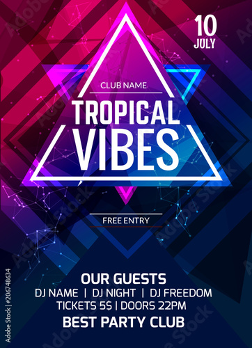 Tropical vibes party flyer poster. Music club flyer design template. DJ advertising, digital creative club intertainment