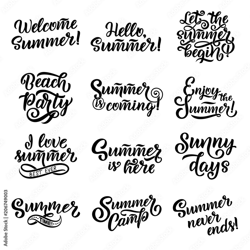 Vector hand drawn set with lettering about Summer. Isolated calligraphy for travel agency, beach party. Great design for postcard, print or poster. Vector hand drawn set with lettering about Summer. Isolated calligraphy for travel agency, beach party. Great design for postcard, print or poster.