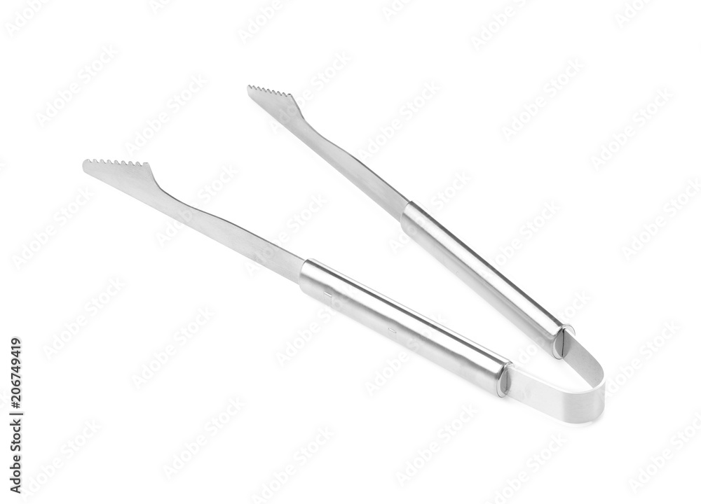 New metal barbecue tongs on white background New metal barbecue tongs on white background