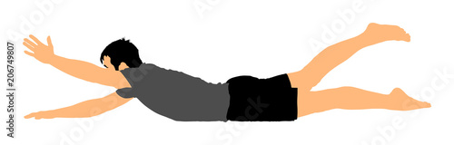 Senior man exercises yoga. Yoga pose vector  illustration isolated on white. Active boy in gym stretching and worming up. Healthcare activity. Lying down exercise in rehabilitation center.