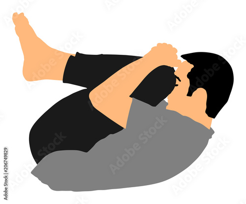 Senior man exercises yoga. Yoga pose vector illustration isolated on white. Active boy in gym stretching and worming up. Health care activity. Lying down exercise in rehabilitation center.