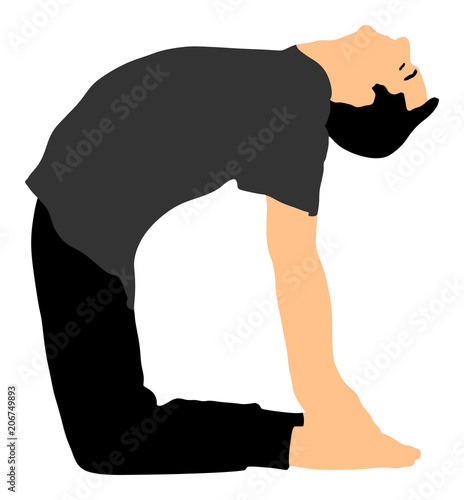 Camel yoga pose vector silhouette illustration isolated on white background. 
Man exercises yoga. Zen, mantra, wellness. Ustrasana pose. Gymnastic bridge figure on the floor. Rehabilitation center.