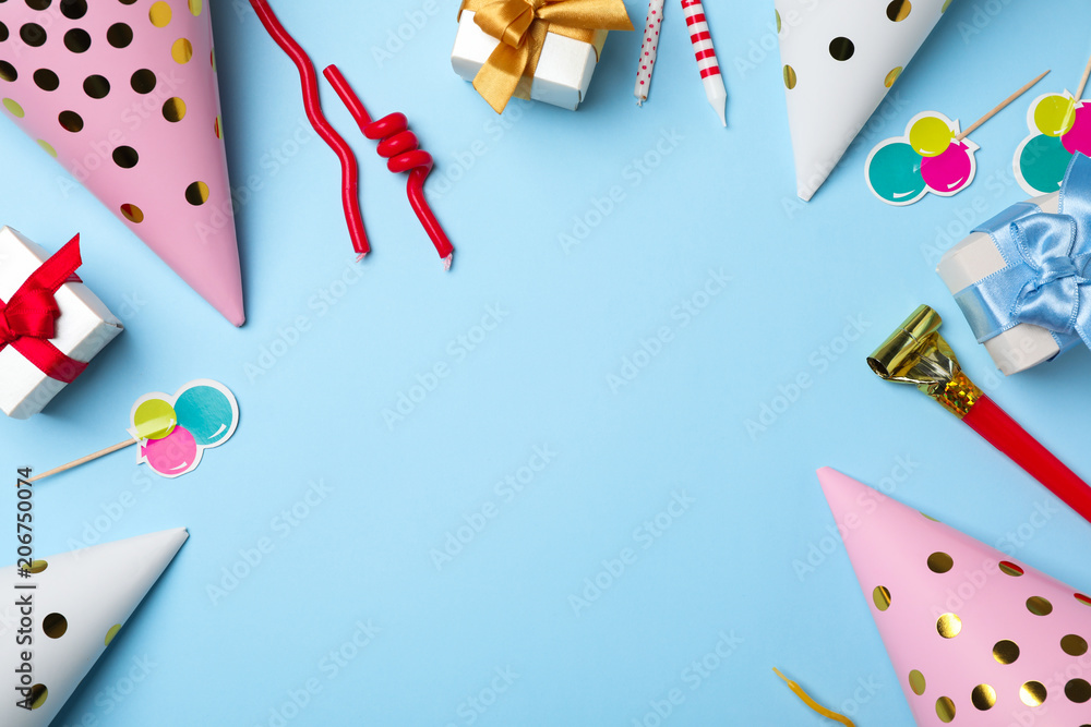 Flat lay composition with birthday party items on color background