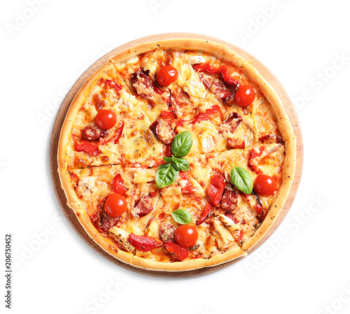 Delicious pizza with tomatoes and sausages on white background