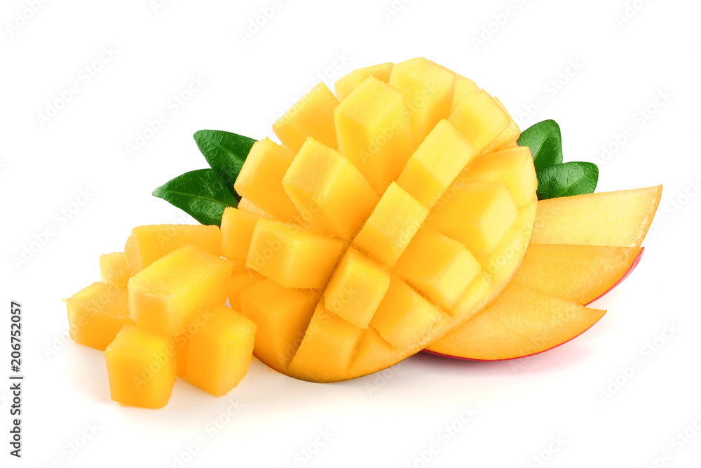 Mango fruit half with leaves and slices isolated on white background close-up Mango fruit half with leaves and slices isolated on white background close-up