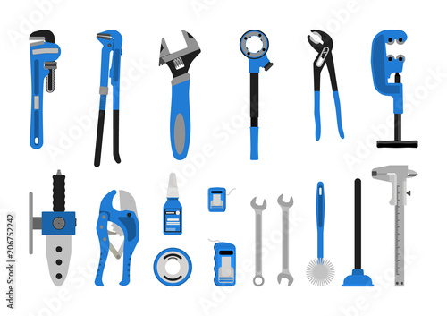 Vector illustration. Set of tools for plumbing.