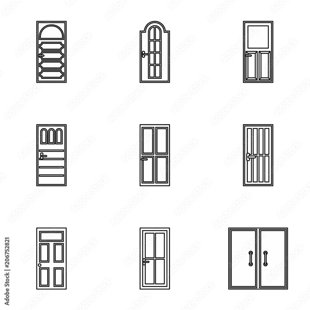 Security doors icons set. Outline illustration of 9 security doors vector icons for web