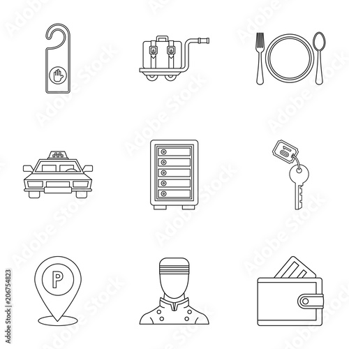 Hostel accommodation icons set. Outline illustration of 9 hostel accommodation vector icons for web