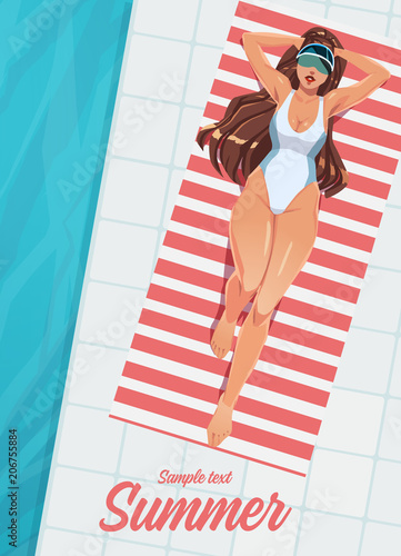 Girl sunbathing on a mat near the swimming pool. Summer vacation concept. Vector
