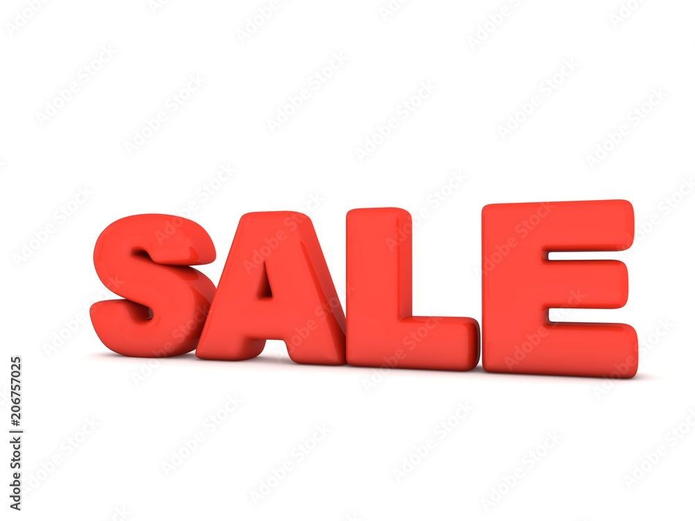 Sale inscription in red letters on a white background. 3D illustration.