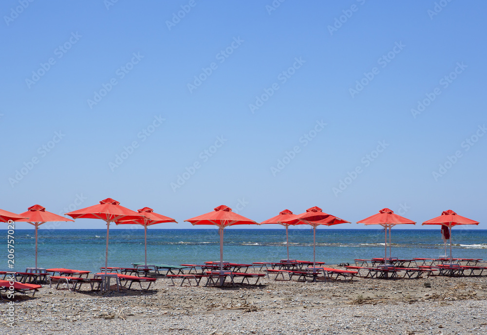 Line of red sea sunshades at beach in summer day