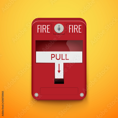 Fire alarm system. Pull danger fire safety box. Break red alarm equipment detector