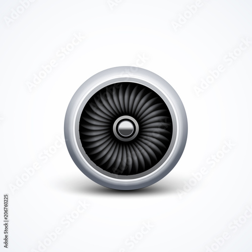 Jet airplane engine turbine front view. Air blade fan, power engine of aircraft