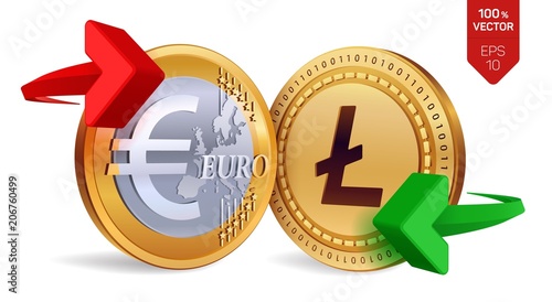 Litecoin to Euro currency exchange. Litecoin. Euro coin. Cryptocurrency. Golden coins with Litecoin and Euro symbol with green and red arrows. 3D isometric Physical coins. Vector illustration.