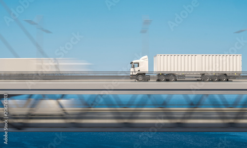 White Container Truck over the Top Deck of the Bridge