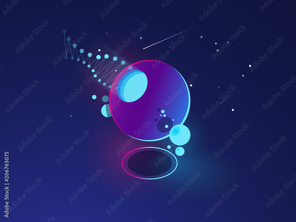 Fototapeta premium Futuristic abstract object, space system model, orbit, digital technology concept dark neon isometric