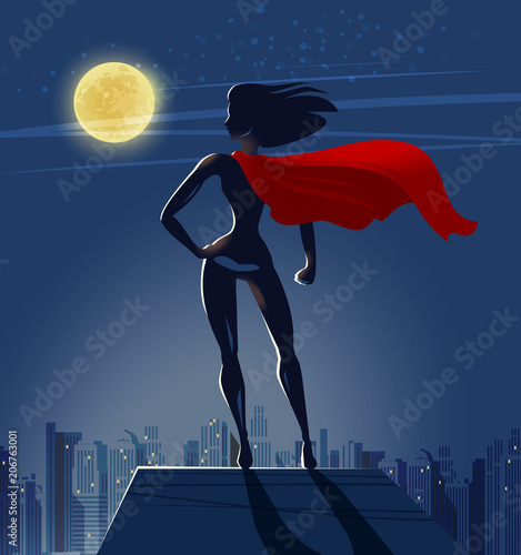 Obraz na plátne Super Girl, Superhero stands on roof of skyscraper and looks at night city
