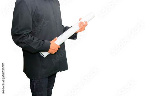 hand of engineering holding paper plan blueprint in construction isolated on white background and clipping path